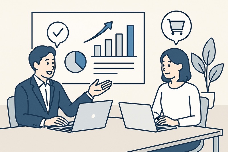 オフィスで話し合う男女のイラスト